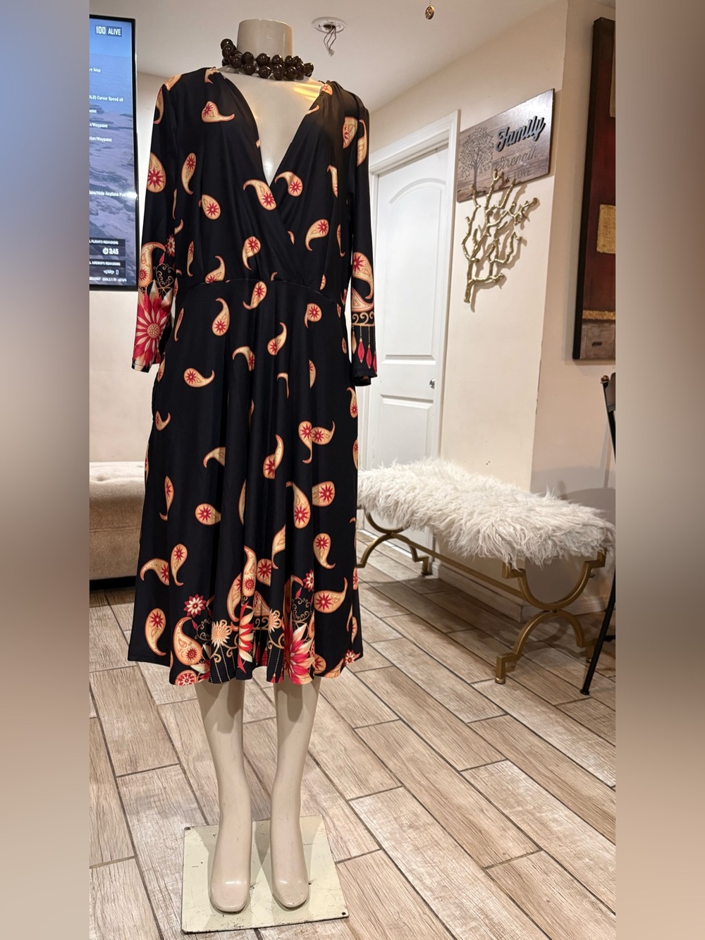 Reborn Black Paisley & Floral Midi Dress with Warm Cream and Red Accents XL